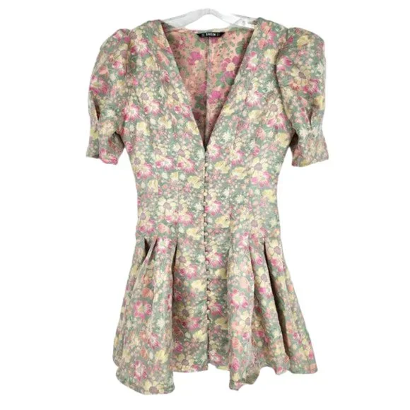 Shein Mini Dress S Pink Colorful Metallic Floral Puff Sleeve Button Front Pleat - Picture 1 of 12